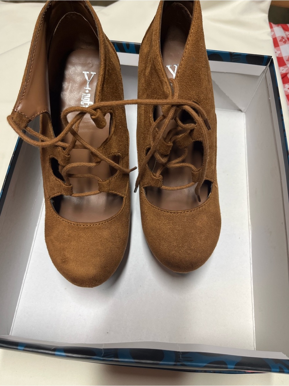 Suede Lace-Up Heels in Brown
